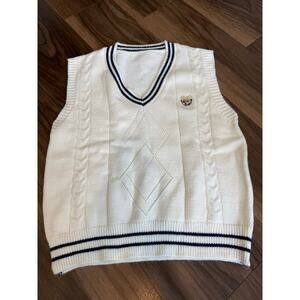 Vintage Style Knit Sweater Vest Cream Cable Knit V Neck Preppy Bear Patch NEW